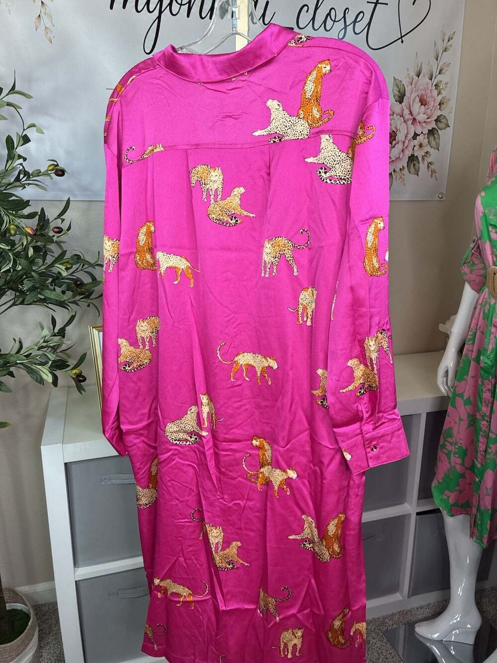 Umgee Satin Cheetah Print Button-Down Midi Shirt Dress in Magenta Pink - Picture 7 of 11